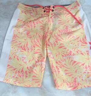 Hurley Board Shorts Size 32 Yellow Palm Leaves Surf Swim Trunks